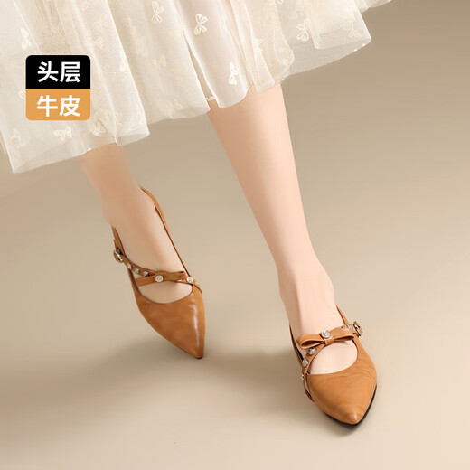 ZHR头层牛皮玛丽珍女鞋百搭时尚饰扣软底浅口单鞋女 S687 杏黄 39