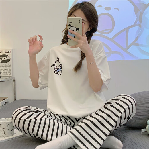 阁系少女睡衣短袖长裤夏季初中学生女孩小兔子大童可爱15动漫13岁 6623#小熊口袋 M 【65-90斤】