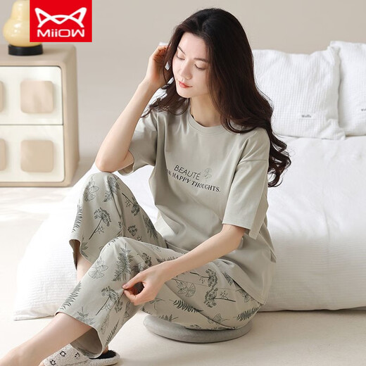 Catman Miiow Pajamas para mujeres en primavera y verano pantalones de manga corta Los estudiantes de estilo coreano puro pueden usar trajes de ropa para el hogar de algodón puro afuera en verano yzt9713 algodón de longitud corta (80-jin [Jin equivale a 0.5 kg])