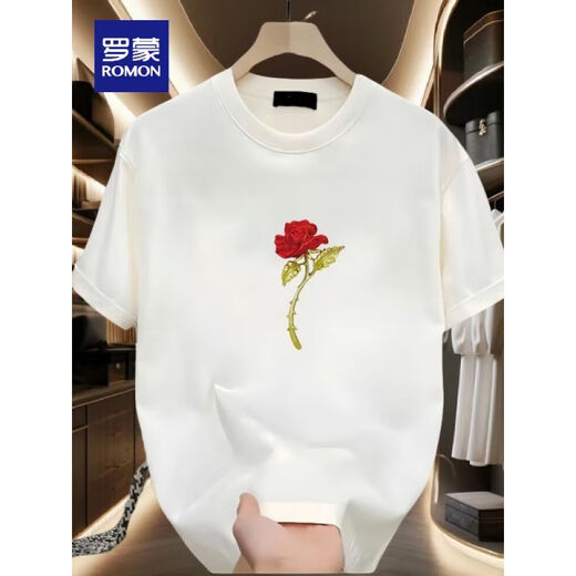 Camiseta de manga corta Romon para parejas, camiseta impresa en cuello redonda moderna, algodón tapa de algodón versátil simple versátil simple, verano, imagen grande del frente negro, K1049 Rose rojo individual, L, 120-140Jin recomendado [Jin equivale a 0.5 kg]