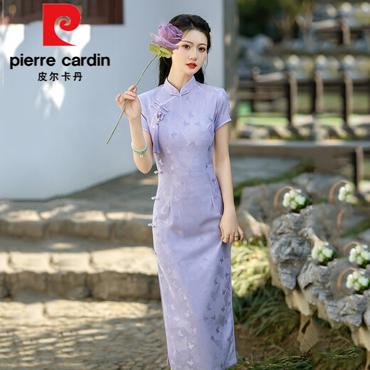 皮尔卡丹（pierre cardin）紫色蕾丝长款改良旗袍2025新款年轻款女国风复古修身日常可穿夏季 14124米白(送吊坠) S