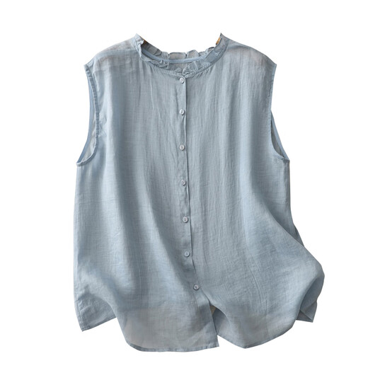 Jiandang große Frauenfette mm Sommerfront und Rücken mit zwei gewaschenen schwarzen Pilzkragen Hemd Frauen-Retro-ärmellose Single-Breasted-Hemd 6173 Khaki M [100-120jin [Jin gleich 0,5 kg]]]