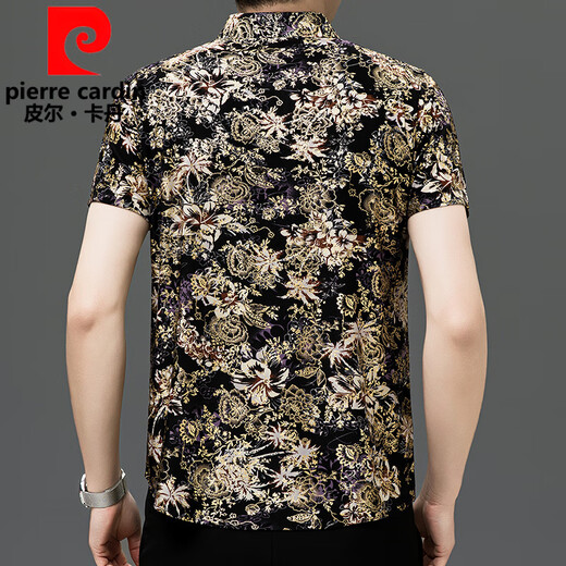 皮尔卡丹（pierre cardin）2025夏季新款男士冰丝短袖衬衫烫金中老年印花弹力抗皱花上衣薄款 9898款 M 100-120斤