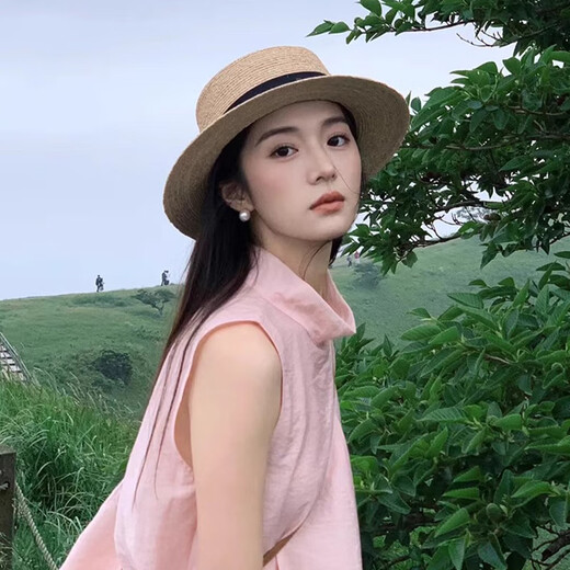 津炳胜草帽女法式平顶草帽女款大头围平檐海边沙滩度假礼帽大码编织帽 【凹顶卡其+白带】 编织防晒帽