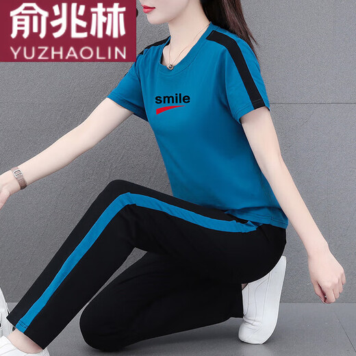 Yu Zhaolin (YUZHAOLIN) Freizeitanzug Damen-Sportanzug Damen-Baumwoll-Kurzhosenanzug Damen Sommer 2025 Neuer Stil mittleren Alters Freizeithosen Damen WK695 Blau (Hosenanzug) XL (Empfohlen 110-125Jin Jin entspricht 0,5 kg)