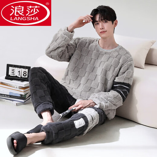 浪莎（LangSha）珊瑚绒睡衣男冬季加厚加绒秋冬款长袖法兰绒男孩青少年家居服套装 RK:12014#男 L (100-130斤)