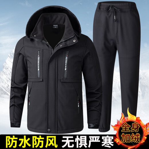 FHHUABD冬季加绒加厚冲锋衣套装男防风防水保暖户外登山服防寒冲锋衣工装 683绿色加绒套装【防水】 2XL 180码建议140-160斤