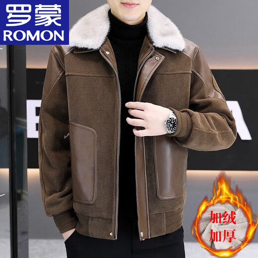 ROMON men's woolen plus velvet thickened leather jacket, removable fur collar, color-blocked sherpa jacket, handsome and fashionable leather jacket, off-white L, refer to around 110-125