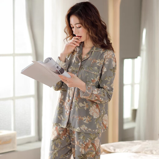 Caiyun Kali-Pyjamas für Frauen im Frühling, Herbst, Sommer, Langarm, Herbst, Großgröße, Mütter mittleren Alters loser Frühling, Sommer-Dünnhaus-Kleidungsstück kann außerhalb von C9906 Dark Green M getragen werden (empfohlen 80-100 Jin [Jin gleich 0,5 kg]))