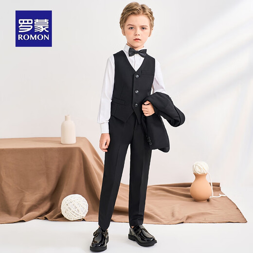 
Romon children's suit vest suit boy British style host dress flower boy performance suit black 140