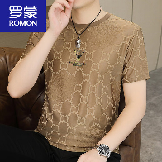 罗蒙（ROMON）冰丝凉感透气短袖t恤男夏季2025新款潮牌欧货男装半袖上衣服新品 Q6627卡其 L 约115-135斤可穿