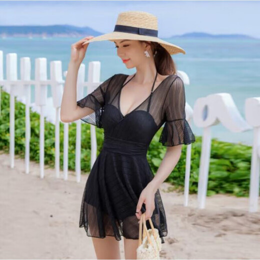 
MPPMCK swimsuit for women covering their belly and making them look slim and conservative one-piece women's large size sexy Korean ins hot spring swimsuit 12049 dark black + ice silk sleeve cover (sleeves default S size required M