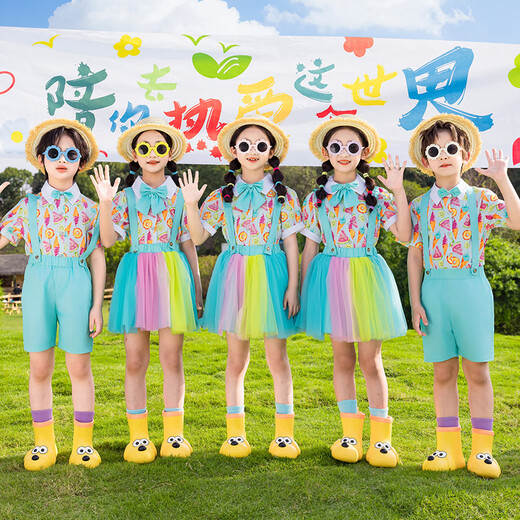 Tongran Children's Performance Costumes Kindergarten Graduation Photo Dance Class Uniforms Primary School Cheerleading Sports Meet Performance Costumes Purple Short Sleeves + Overalls Shorts 130 Sizes