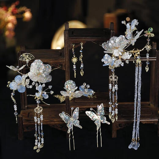 Miqiao blue Xiuhe tiara new Chinese style bride 2025 new simple crystal beaded butterfly dress wedding hair accessories blue crystal model