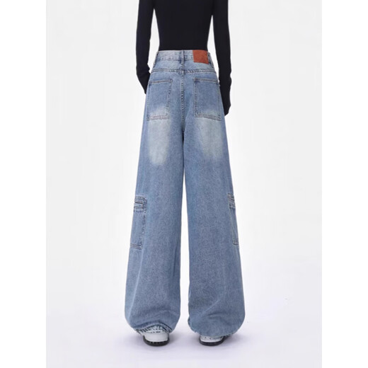 Gemas coloridas Azul Pantalones de piso de drapeado retro de jeans con ceño ancho de caña ancha