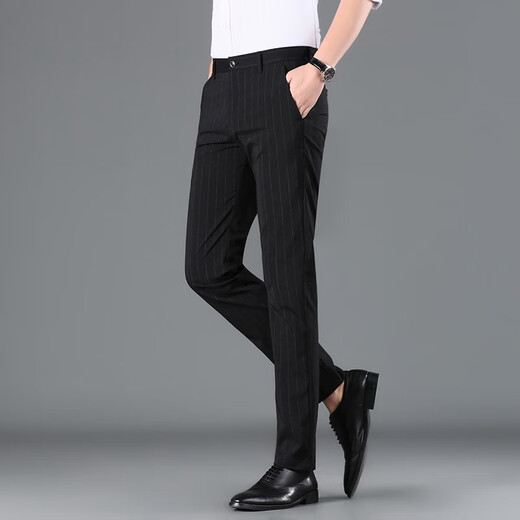 Jiumuwang Pantalones casuales para hombres Pantos de negocios delgados Pantalones de negocios rectos Pantalones largos de seda de hielo delgada para hombres 719 Negro 40