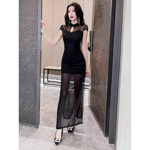 萦弗按摩技师工作服蕾气质柔式沐足spa性感长款晚礼服遮肚ktv佳丽裙 3883黑色 S (建议90斤以内穿)
