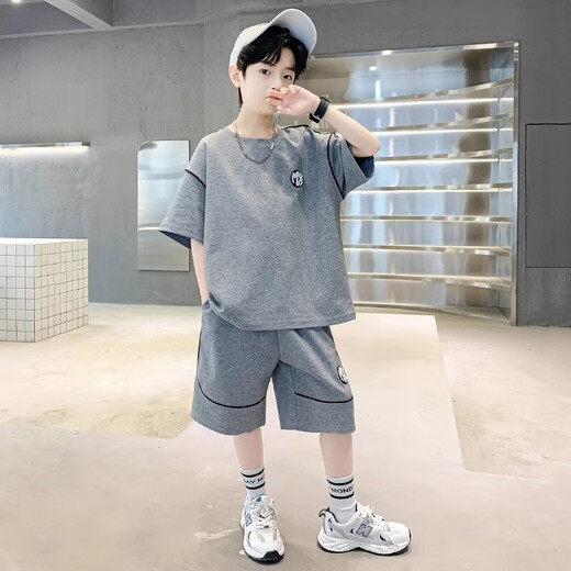 [Boys summer suit] 2025 new children's summer handsome trendy medium-sized children's short-sleeved boy sportswear NN-A1081 [Gray] 150
