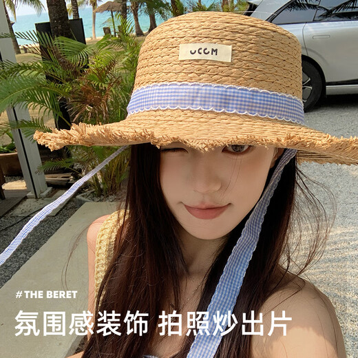 目丸蓝色丝带草帽女夏季新款户外遮阳度假沙滩帽大帽檐草编防晒太阳帽