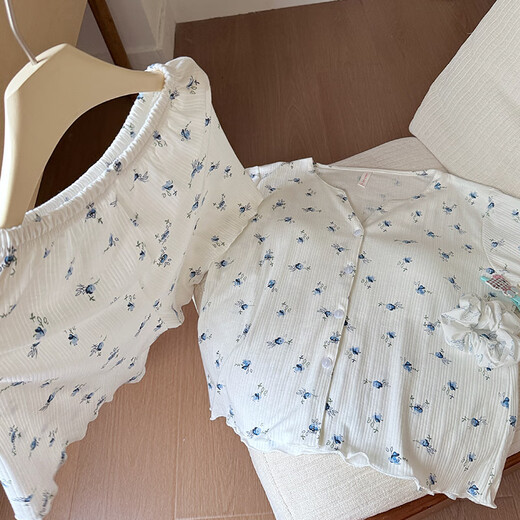 S.SOFEA夏季短袖提花睡衣女公主风薄款两件套装 双短套装DW683蓝花(带胸垫) 175 L(100-120斤)