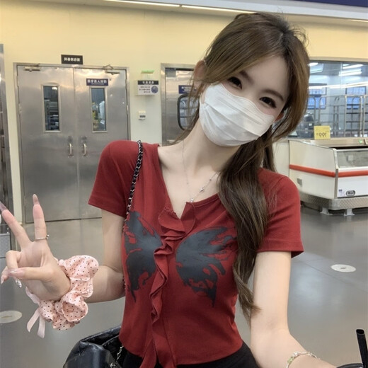 优衣库库【商场同款】美式蝴蝶印花短袖上衣甜辣百搭女款修身显瘦夏季潮流 9930黑 S