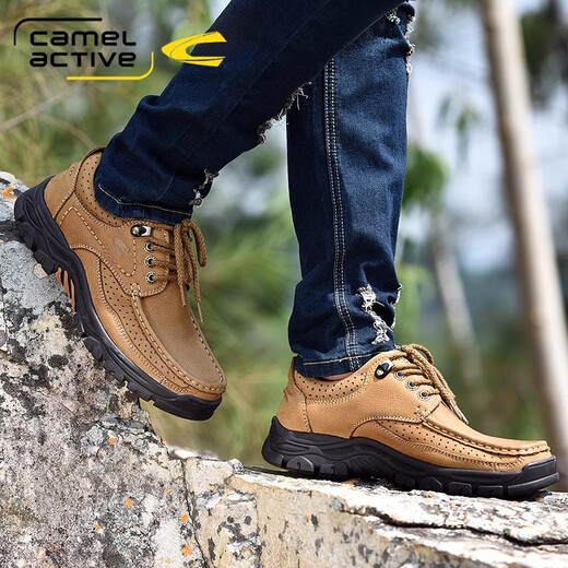 
Camel dynamic mountaineering shoes, travel hiking daddy shoes, outdoor wear-resistant casual genuine leather big-head leather shoes, men, light brown plus velvet (top layer cowhide) thick sole 6198 45 standard leather shoe size