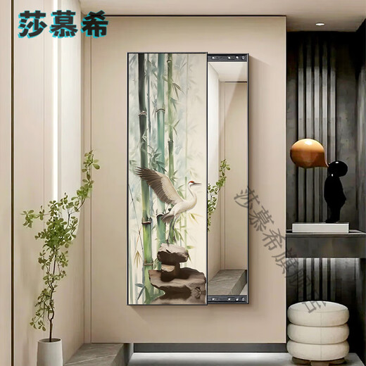 莎慕希（SHAMUXI）竹报平安客厅隐藏式全身镜装饰画新中式玄关镜子挂画卧室穿试衣镜 WH-725-E-竹报平安 50*150+晶瓷防刮+左推拉