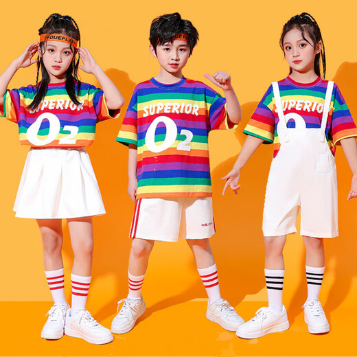 10,000 people collected the Children’s Day Performance Clothes Overalls Set Kindergarten Graduation Photos Elementary School Cheerleaders Rainbow T+White Overalls+Socks 90 90