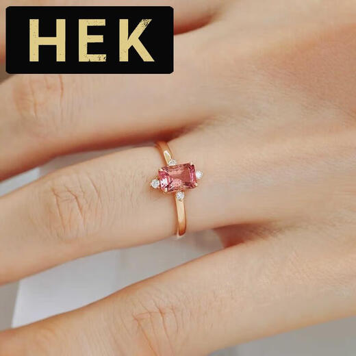HEK 18K rose gold pink tourmaline ring small octagonal colored gemstone ring set with diamonds 18k gold