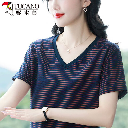 
Woodpecker Summer 2025 New Striped Cotton Short-Sleeved T-Shirt Women's Top Half Sleeve Middle-aged Mother Loose Large Size Slimming 838 Green M Recommended 90-105Jin [Jin equals 0.5 kg]