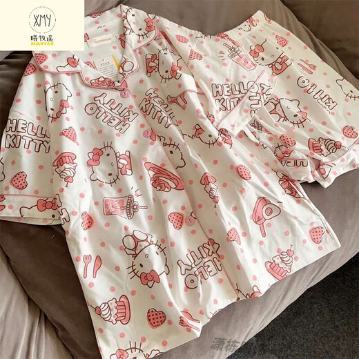 Ximuyao Sanrio Hello Kitty Pyjamas for Women in Summer trois pièces 2025 Nouveaux vêtements à manches courtes et à manches courtes WZL-1484 Contant à manches courts-shorts à trois pièces Set M [80-100jin suggéré [Jin équivaut à 0,5 kg]]