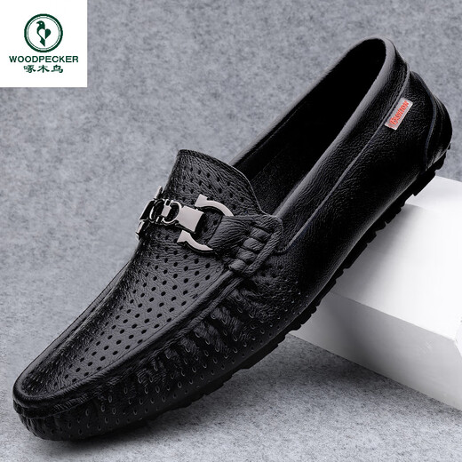 Holzspecker Herrenschuhe Hohlbohnenschuhe echte Ledermänner 2025 Sommer Neuem Stil Atmungsaktives weiches Leder Soft Sohle Lederschuhe 9905 Schwarz 44