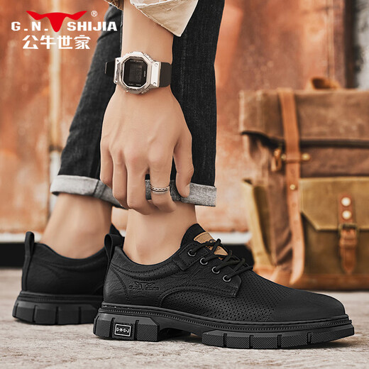 Bull Family Men's Shoes Summer Casual Leather Shoes Low Top Breathable Martin Boots Retro Old Hollow Workwear Shoes Men