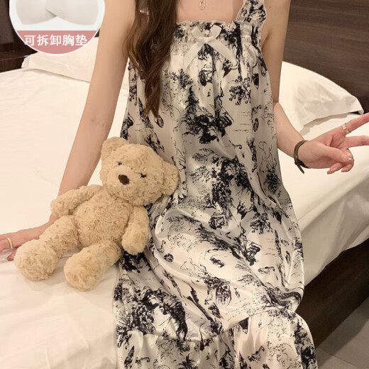 浪莎（LangSha）睡裙女夏季自带胸垫冰丝凉感吊带睡衣夏天女士甜美可爱家居服春秋 3888【不可拆胸垫】 M 【75-100斤】