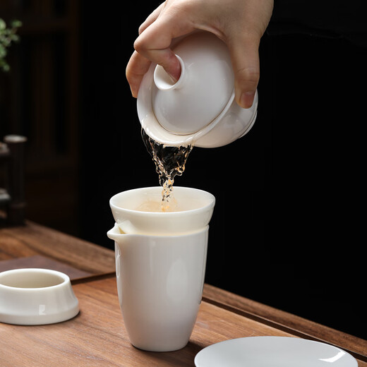 Yuanqing Jiasheng complete set of Kung Fu tea set Chinese white mutton fat jade porcelain tea set set cover bowl male cup tea drain three-piece set