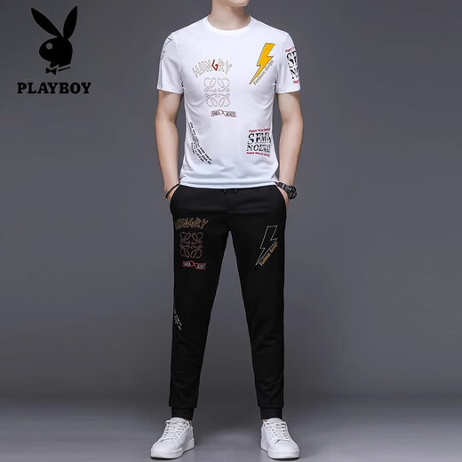 
Playboy high-end summer short-sleeved suit men's mulberry silk screen printed T-shirt fashion Korean style fashion casual sports two-piece set 9227 black 4XL 190