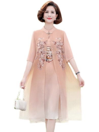 QCKZ胖妈妈夏装旗袍连衣裙子夏季雪纺裙子大码2025新款中年女夏款气质 6629粉色 藕粉 XL 建议115斤以内