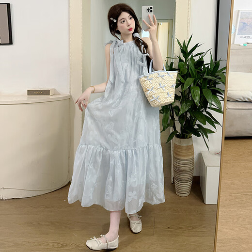 Yiou2025 Neues großer Frauenfrüchte- und Sommerkleidung Neckoter Urlaub Seaside Kleid + blaue Strickjacke zweiteilige Set 6182 Blue Strickjacken L.