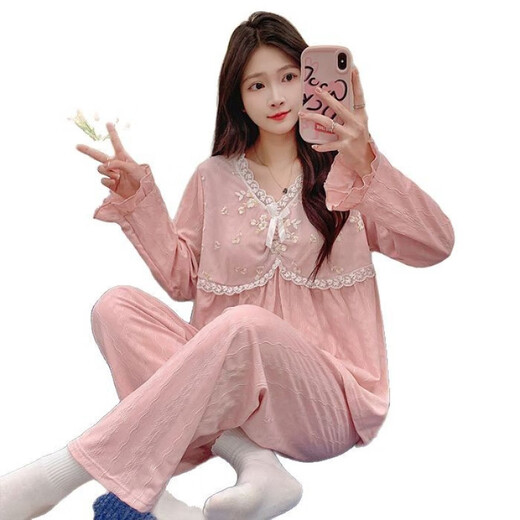 Bunte Edelstein-Juwelen Frühling und Herbst-Pyjamas mit Brustpolster für Frauen V-Ausschnitt Longärmelte Hauskleidung süßer Prinzessinstil 6535 Baumwoll Guangzhou dreizehn 6210# [Pink] 170 m