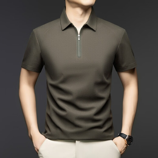 Lilang Seidenlinie Kurzarm T-Shirt Herren Sommer neuer Stil Casual Revers atmungsaktivem Halbzipper-Polo-Hemd Obergrün L.