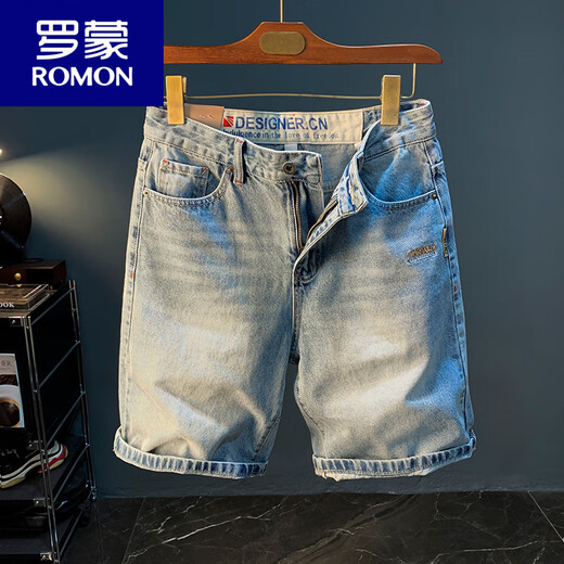 
ROMON Summer Casual Shorts Men's Large Size Light Color Pure Cotton Five-Part Jeans Trendy Embroidery High-end Men's Straight-Part Mid-Part Blue [XY9922] 28 Suitable for weight 95-108Jin [Jin equals 0.5 kg]