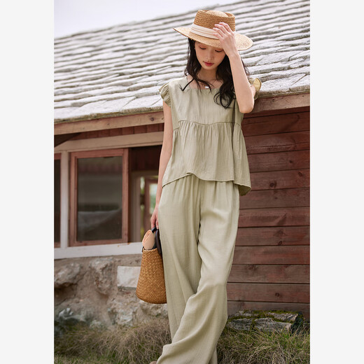 
Vanciman temperament casual flying sleeve top wide-leg pants suit for women 2025 summer new style free matching set M9901 khaki S