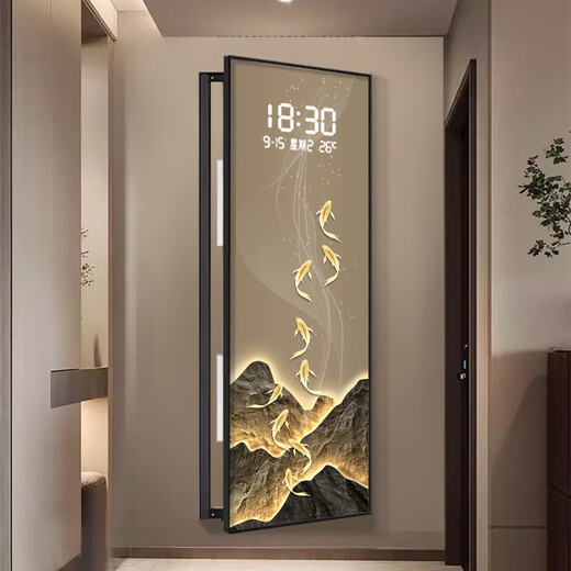 画画小镇九鱼聚财大尺寸电表箱装饰画钟表挂钟客厅电闸箱遮挡挂画2025新款 DQ4877【夜光电子钟款】 70*210（容纳尺寸≤60*200cm） 黑框右侧翻开