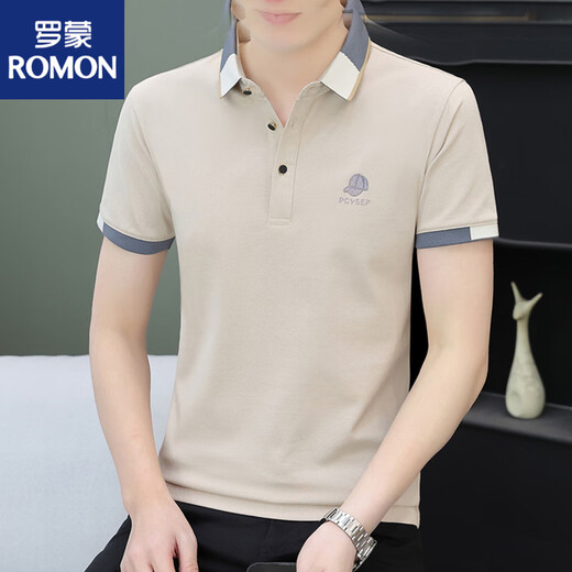 罗蒙（ROMON）翻领刺绣polo衫3D凹凸帽夏季纯棉短袖t恤男装商务休闲绣花衫 杏色724款 SP翻领 M 85-110斤