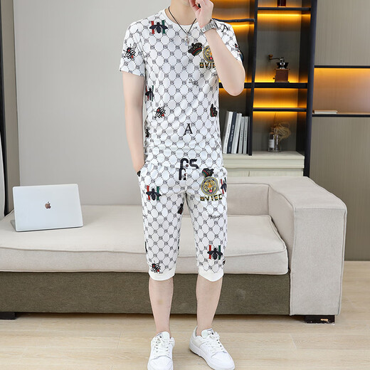 
Pierre CARDIN (PIERRE CARDIN) Men's Ice Silk Cropped Pants Summer Trend 2025 New Style with a Set of Cropped Pants Fashionable Casual Sports Set 826 White M