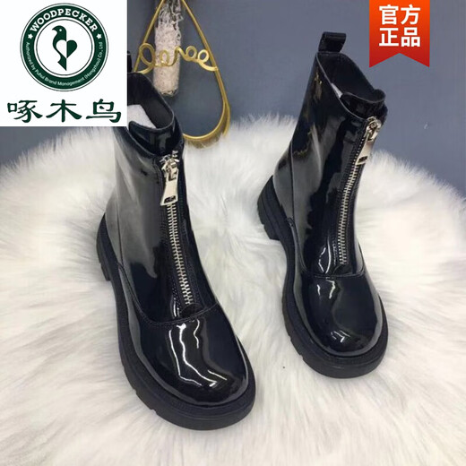 啄木鸟前拉链中筒瘦瘦马丁靴女新款骑士厚底真皮烟筒切尔西短靴新品 哑黑【单里】 35 (160mm)