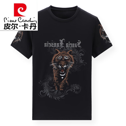 皮尔卡丹（pierre cardin）短袖T恤男夏季新款印花虎头宽松休闲冰丝半袖体男士薄款冰感潮T恤 829条纹字母黑色 M 165/ 建议95-120斤