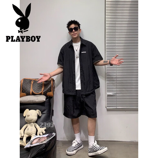 花花公子（PLAYBOY）潮流休闲运动套装男夏季凉感宽松简约翻领衬衫短袖短裤薄款两件套 9015衬衫黑色+6622短裤黑色 2XL 150-170斤