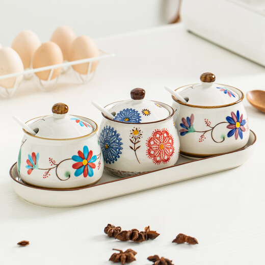 Dingdan ceramic seasoning jar combination household seasoning box high temperature resistant seasoning jar salt jar creative chili oil jar oil splash jar small size - mix and match three-piece set + tray with spoon