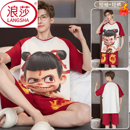 LangSha: Nezha: The Devil Child's Sea Summer Pure Cotton Pajamas Men's Short Sleeve Shorts Cute Cartoons You Can Go Out Thin Home Suit 7029 M L Recommended Height 165-170c, Weight 100
